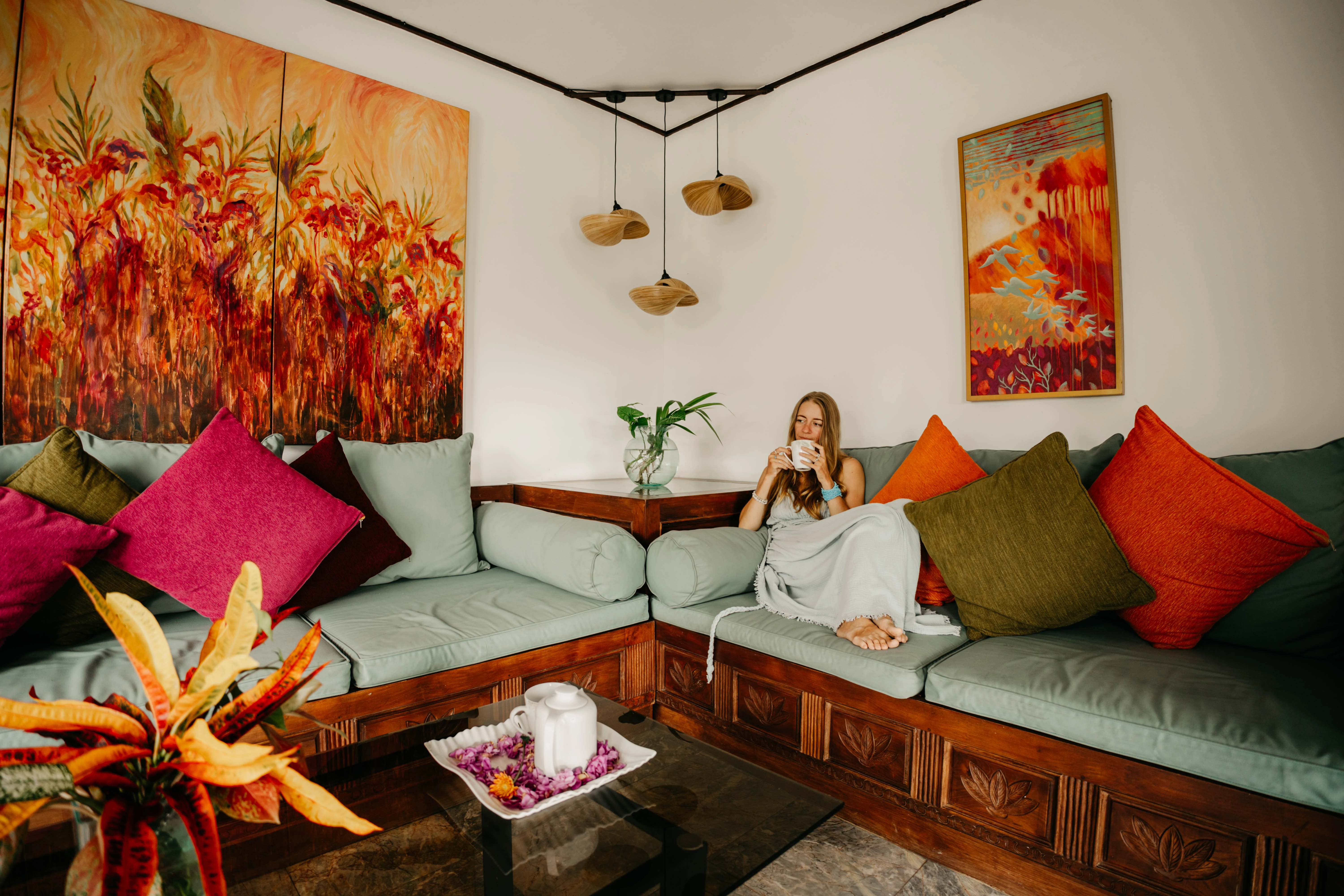 The shared Living Room coworking and hangout space at River Song Bali